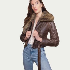 L.A.M.B. Y2K Brown Distressed Leather Cropped Aviator Jacket w/ Faux Fur Collar